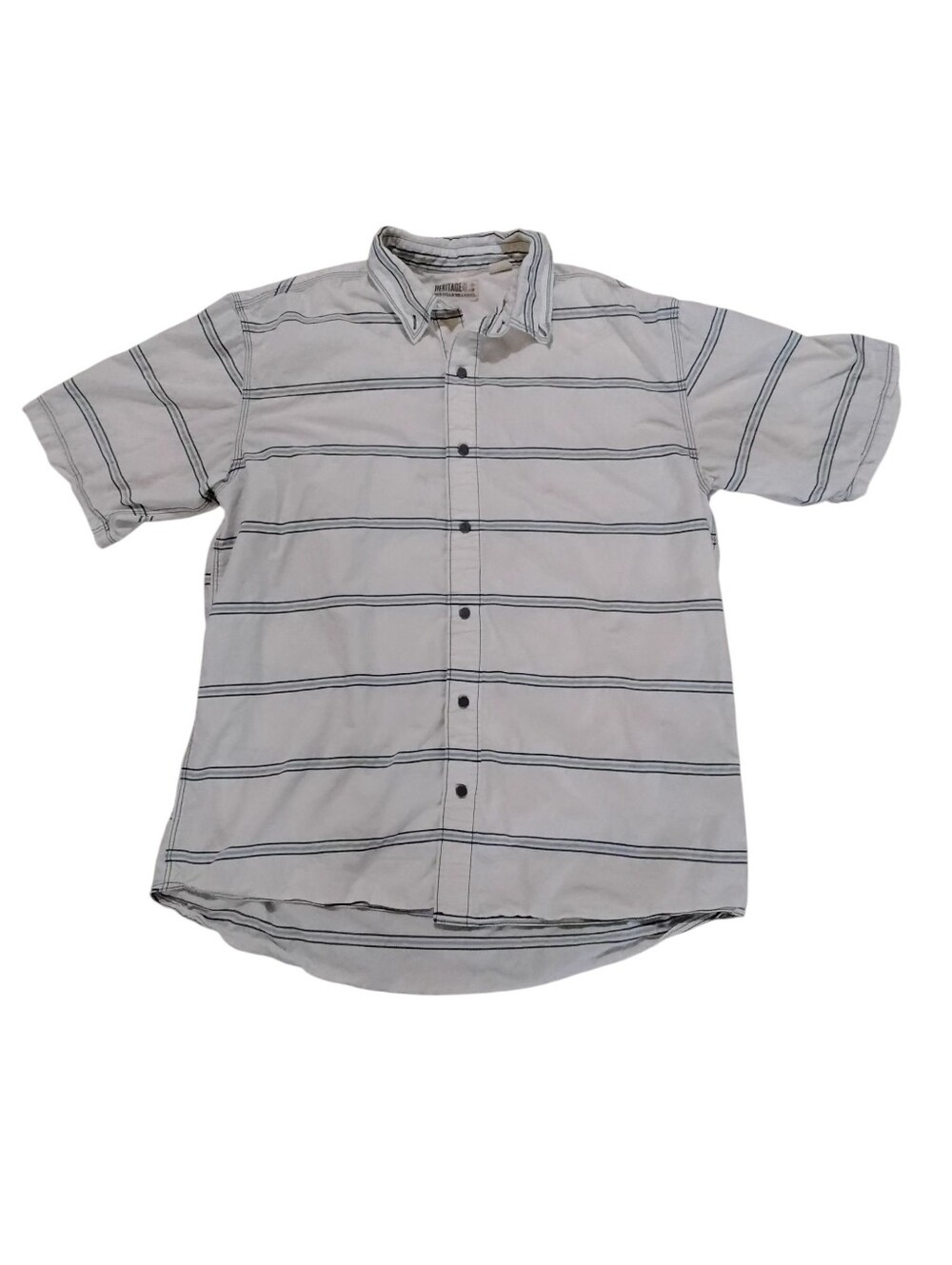Heritage Red Head Brand Cream Navy Gray Striped Button Down Shirt Mens Large